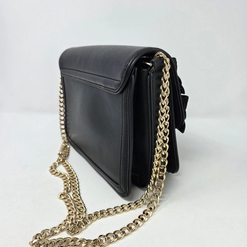 Tory Burch Duet Chain Flower Convertible Black Leather Shoulder Bag Gold Strap